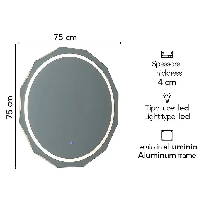 Kiamami Valentina Lichtspiegel - 0,02 x 760 cm, Farblos - Runder LED-Spiegel mit facettiertem Aluminiumrahmen, 75x75 cm, 4 cm dick.