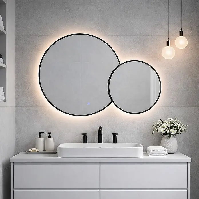 Kiamami Valentina Lichtspiegel - 0,02 x 700 cm, Schwarz - Zwei überlappende runde, hinterleuchtete Badezimmerspiegel mit schwarzem Rahmen über einem weißen Waschtisch.