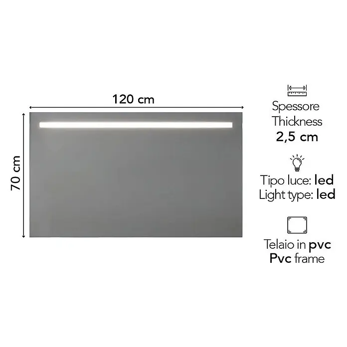 Kiamami Valentina Lichtspiegel - 25 x 700 cm, Farblos - Rechteckiger Spiegel mit integrierter LED-Beleuchtung, 120x70cm, 2,5cm dick, PVC-Rahmen.