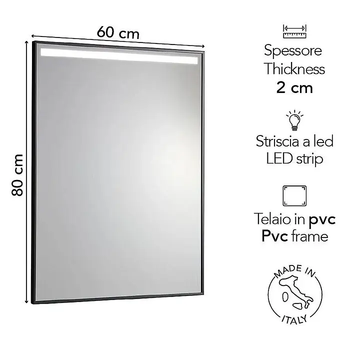 Kiamami Valentina Lichtspiegel - 20 x 800 cm, Schwarz - Rechteckiger Spiegel mit integrierter LED-Leiste und schwarzem PVC-Rahmen, 80x60 cm.