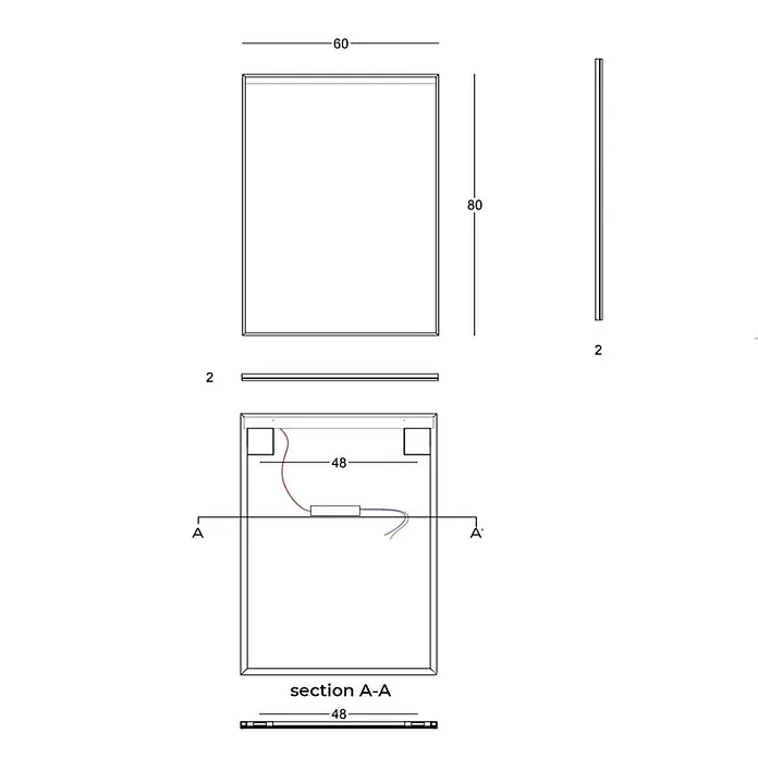 Kiamami Valentina Lichtspiegel - 20 x 800 cm, Schwarz - Technische Zeichnung eines rechteckigen Spiegels mit integrierten elektrischen Komponenten, Maße 60x80, Dicke 2.
