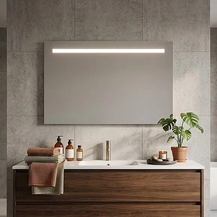 Kiamami Valentina Lichtspiegel - 25 x 600 cm, Farblos - Badezimmermöbel aus dunklem Holz mit weißem Waschbecken und Arbeitsplatte, darüber ein rechteckiger beleuchteter Spiegel.