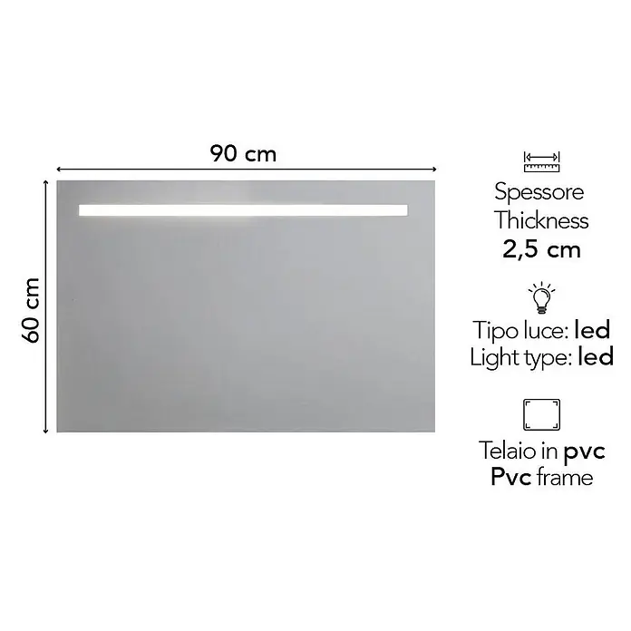Kiamami Valentina Lichtspiegel - 25 x 600 cm, Farblos - Rechteckiger LED-Spiegel, 90x60 cm, mit PVC-Rahmen und 2,5 cm Dicke.