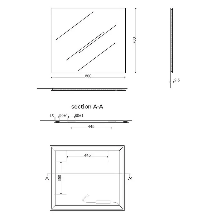Kiamami Valentina Lichtspiegel - 22 x 700 cm, Farblos - Rechteckiger Spiegel mit integrierter Beleuchtung, Abmessungen 800x700mm und 2.5mm Dicke, in technischen Zeichnungen dargestellt.