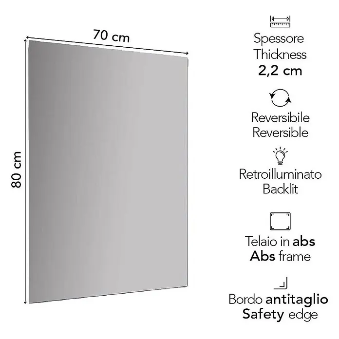 Kiamami Valentina Lichtspiegel - 22 x 700 cm, Farblos - Rechteckiger, 70x80 cm großer, beleuchteter Spiegel mit ABS-Rahmen und Sicherheitskante.