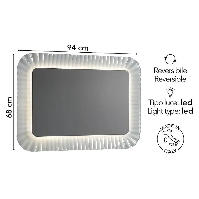 Kiamami Valentina Lichtspiegel - 0,02 x 680 cm, Weiß - Rechteckiger LED-Spiegel mit Rüschenrand, 94x68 cm, wendbar, hergestellt in Italien.