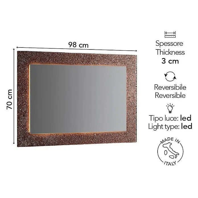 Kiamami Valentina Lichtspiegel - 30 x 700 cm, Farblos - Rechteckiger Spiegel mit bronzefarbenem, glitzerndem LED-Rahmen, 98x70x3 cm, wendbar, Made in Italy.