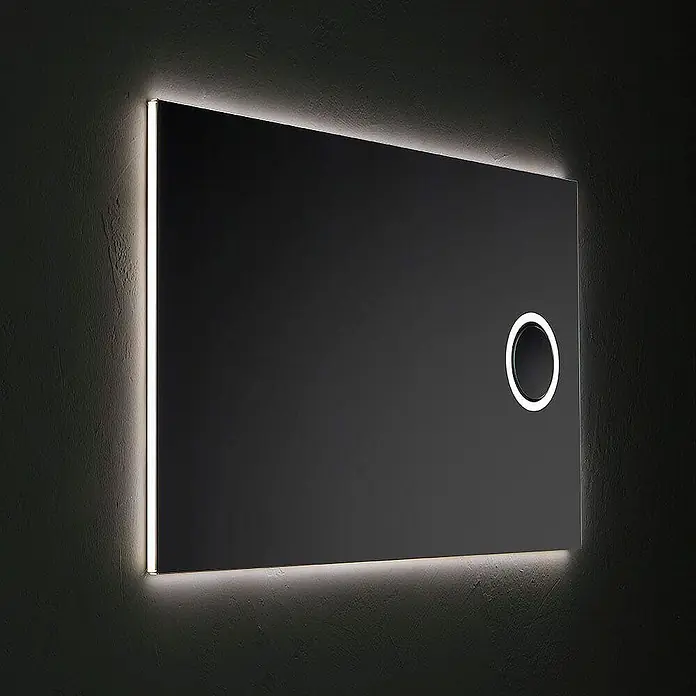 Kiamami Valentina Lichtspiegel - 25 x 700 cm, Farblos - Rechteckiger dunkler Spiegel mit integrierter LED-Hintergrundbeleuchtung und beleuchtetem runden Touch-Bedienfeld.