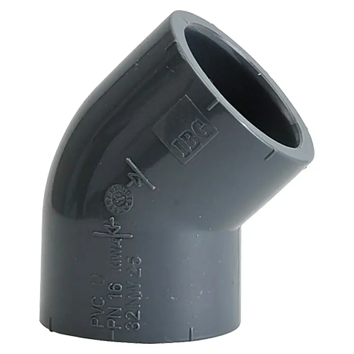 Setma PVC-Winkel - 45 °, Durchmesser Rohr: 32 mm - Graue PVC-Rohrbogenverbindung mit 45 Grad Winkel, ideal für Abwasserleitungen. Robuste Konstruktion für zuverlässige Installationen im Sanitärbereich.