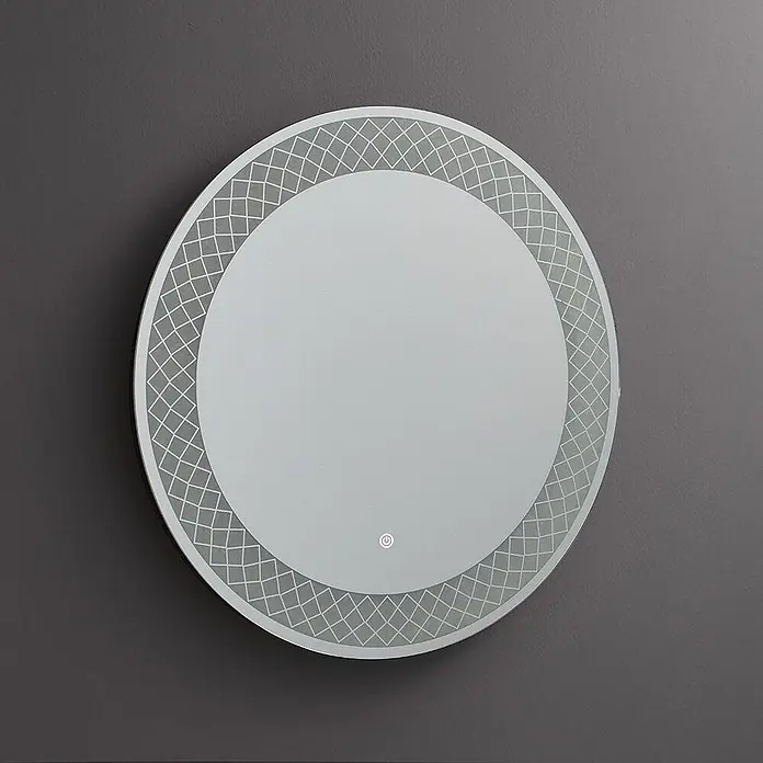 Kiamami Valentina Lichtspiegel - 0,02 x 700 cm, Farblos - Runder Spiegel mit geätztem geometrischem Musterrahmen und rundem beleuchtetem Einschaltknopf.