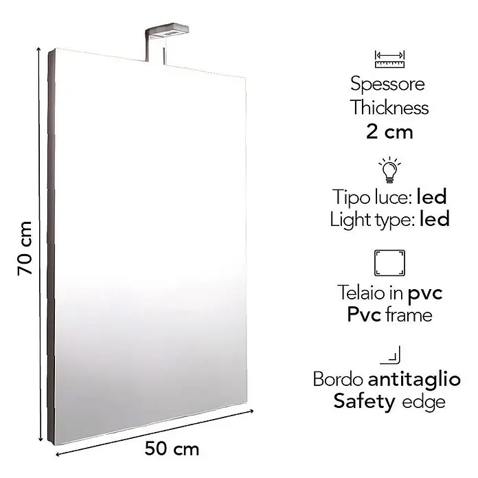 Kiamami Valentina Lichtspiegel - 20 x 700 cm, Farblos - Rechteckiger Spiegel (70x50 cm) mit integriertem LED-Licht, PVC-Rahmen und Sicherheitskante. 2 cm dick.
