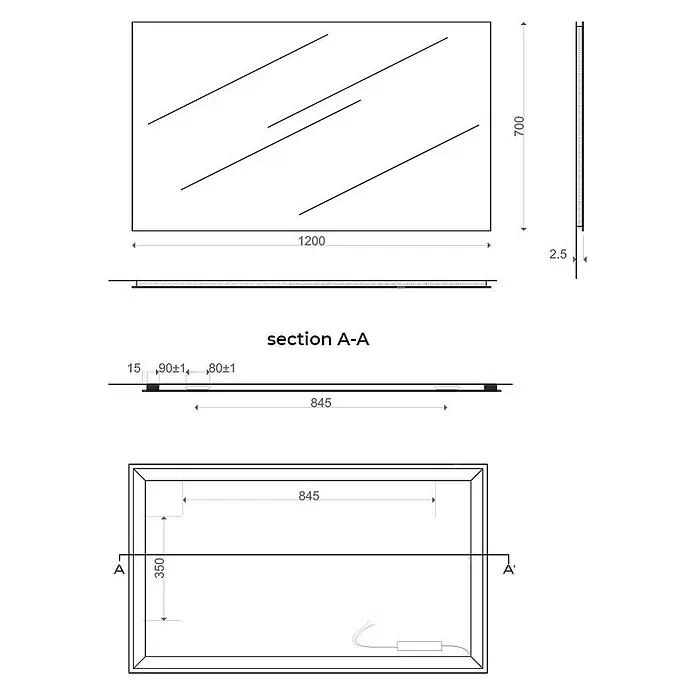 Kiamami Valentina Lichtspiegel - 22 x 700 cm, Farblos - Technisches Diagramm eines rechteckigen LED-Spiegels, 1200x700 mm, mit schlankem Profil und detaillierten internen Beleuchtungskomponenten.