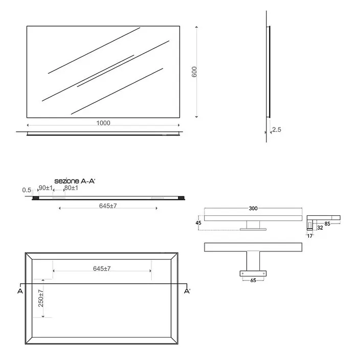 Kiamami Valentina Lichtspiegel - 20 x 600 cm, Farblos - Technische Zeichnung eines rechteckigen Spiegels (1000x600mm) mit hinterer Halterung (300mm breit).