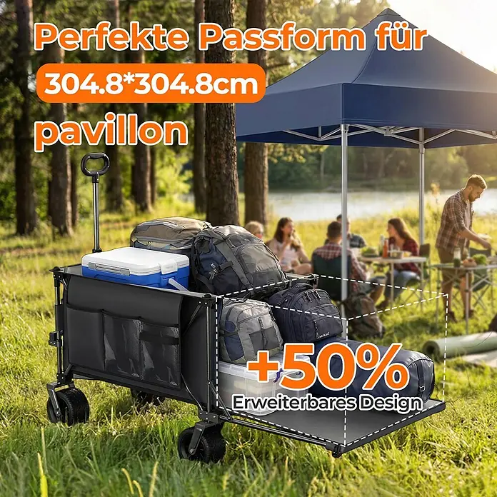 SONNENH Bollerwagen - L x B x H: 92,8 x 58 x 110 cm, Traglast: 220 kg, Stahl - Schwarzer erweiterbarer Bollerwagen mit Campingausrüstung in einer Outdoor-Umgebung.