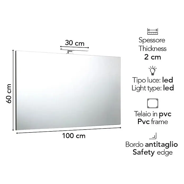 Kiamami Valentina Lichtspiegel - 20 x 600 cm, Farblos - Rechteckiger Spiegel (100x60 cm) mit integrierter LED-Leuchte, PVC-Rahmen und Sicherheitskante.