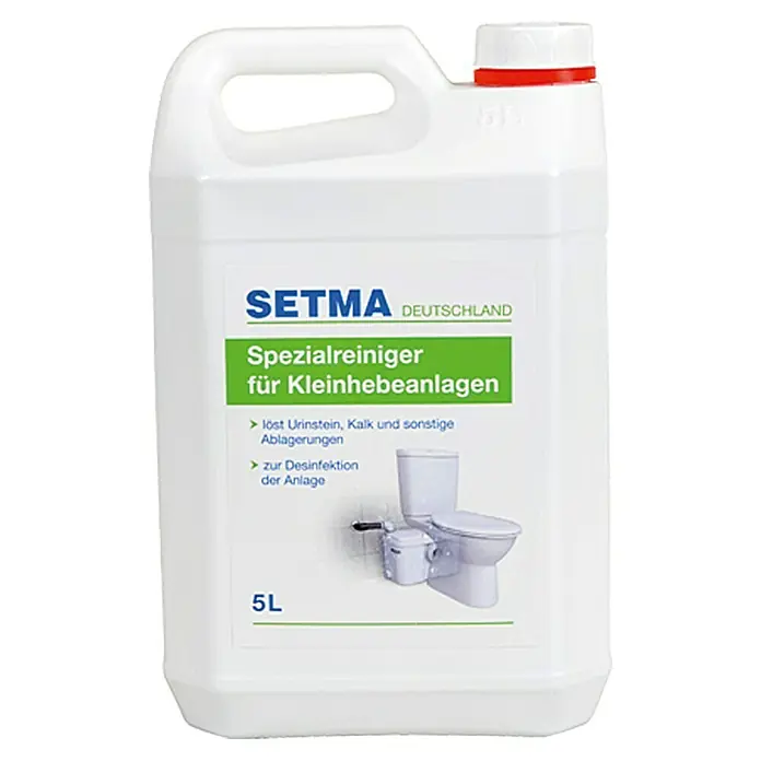Setma Entkalker - Einsatzbereich: Kleinhebeanlagen, 5 l - Produktbild eines 5L Kanisters SETMA Spezialreiniger für Kleinhebeanlagen, zur Reinigung von Urinstein, Kalk und Ablagerungen.