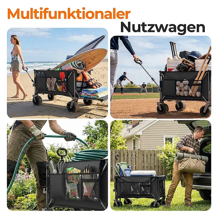 SONNENH Bollerwagen - L x B x H: 92,8 x 58 x 110 cm, Traglast: 220 kg, Stahl - Schwarzer, multifunktionaler Nutzwagen, der in verschiedenen Szenarien wie Strand, Sport und Garten gezeigt wird.
