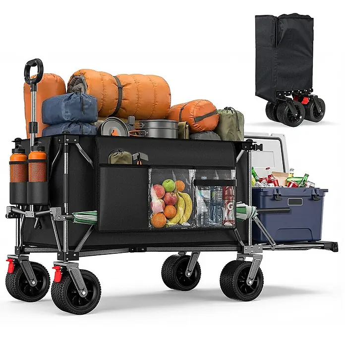 SONNENH Bollerwagen - L x B x H: 92,8 x 58 x 110 cm, Traglast: 220 kg, Stahl - Schwarzer faltbarer Bollerwagen mit Campingausrüstung, Lebensmitteln und Getränken, offen und kompakt gefaltet gezeigt.