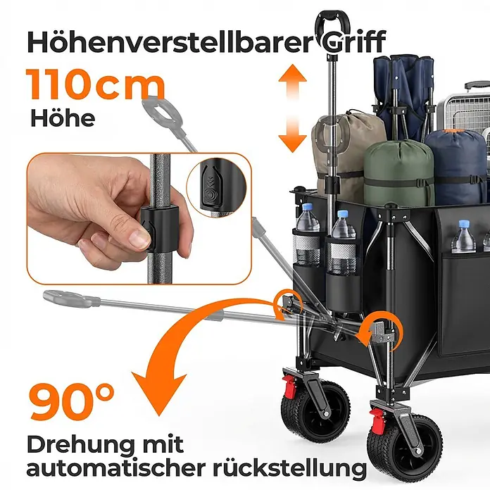 SONNENH Bollerwagen - L x B x H: 92,8 x 58 x 110 cm, Traglast: 220 kg, Stahl - Schwarzer Bollerwagen mit höhenverstellbarem Griff (bis 110cm) und 90°-Lenkung mit automatischer Rückstellung.