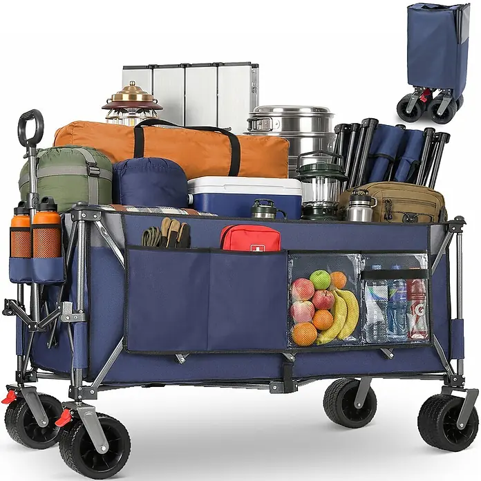SONNENH Bollerwagen - L x B x H: 130 x 65,5 x 116,8 cm, Traglast: 250 kg, Stahl - Ein blauer faltbarer Bollerwagen mit Metallrahmen, gefüllt mit Campingausrüstung, Wasserflaschen und frischem Obst, bereit für Outdoor-Abenteuer.
