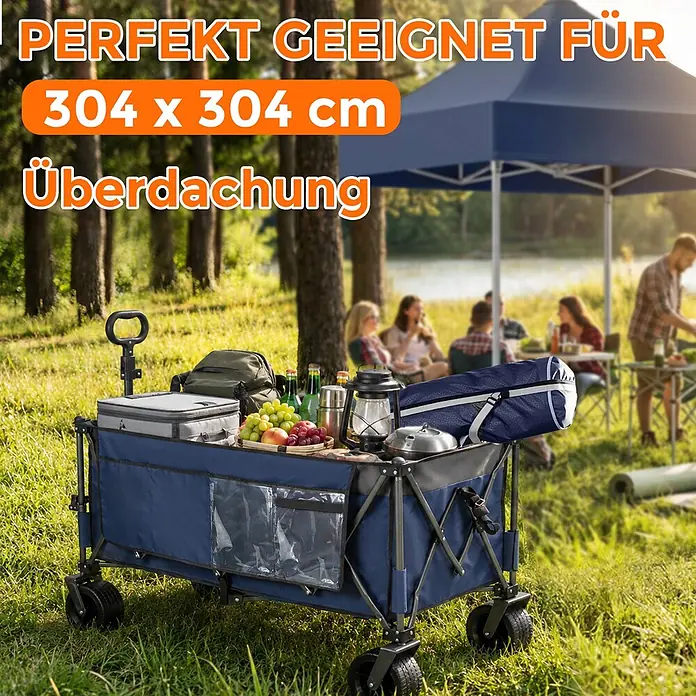 SONNENH Bollerwagen - L x B x H: 130 x 65,5 x 116,8 cm, Traglast: 250 kg, Stahl - Blauer Faltwagen voll mit Picknicksachen, im Freien bei einer Versammlung unter einem Pavillon.