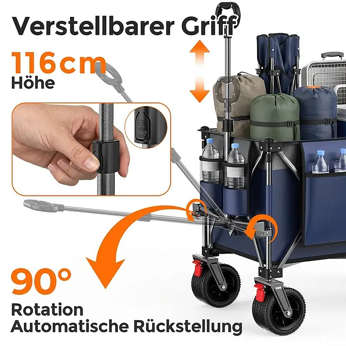 SONNENH Bollerwagen - L x B x H: 130 x 65,5 x 116,8 cm, Traglast: 250 kg, Stahl - Blauer Faltwagen mit verstellbarem Griff (bis 116 cm) und Vorderrädern mit 90°-Rotation und automatischer Rückstellung.