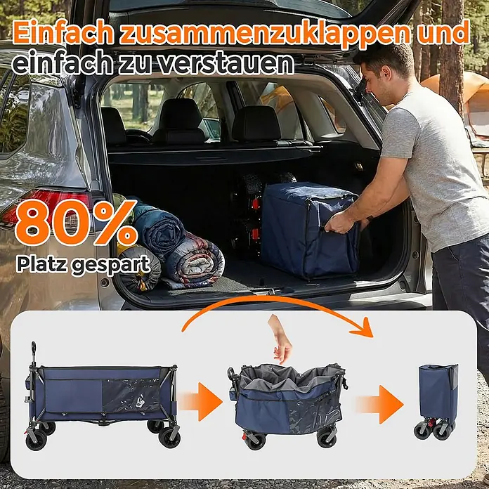 SONNENH Bollerwagen - L x B x H: 130 x 65,5 x 116,8 cm, Traglast: 250 kg, Stahl - Blauer faltbarer Bollerwagen wird in Kofferraum geladen. Ein Diagramm zeigt, wie er sich kompakt zusammenklappt und 80% Platz spart.