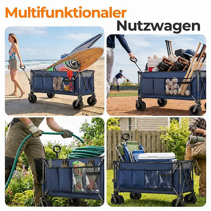 SONNENH Bollerwagen - L x B x H: 130 x 65,5 x 116,8 cm, Traglast: 250 kg, Stahl - Blauer multifunktionaler Nutzwagen in vier Szenarien: am Strand, auf dem Baseballfeld, im Garten und beim Camping, um seine Vielseitigkeit zu zeigen.