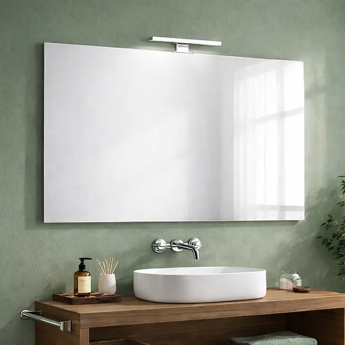 Kiamami Valentina Lichtspiegel - 20 x 700 cm, Farblos - Großer rechteckiger Badezimmerspiegel mit integrierter LED-Beleuchtung, über einem Holzwaschtisch mit Aufsatzwaschbecken montiert.