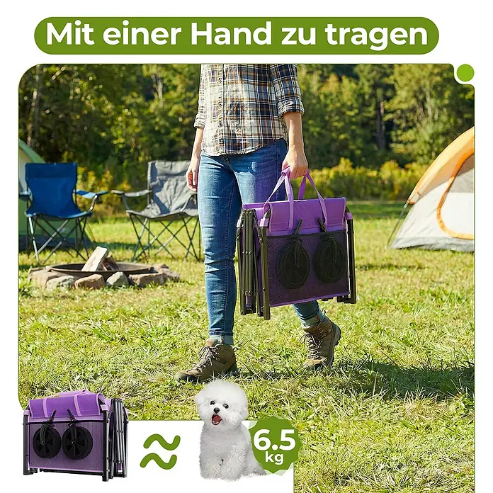 SONNENH Bollerwagen - L x B x H: 74 x 46 x 96,5 cm, Traglast: 100 kg, Stahl - Lila faltbarer Campingwagen mit Netztaschen, von einer Person getragen. Wiegt 6,5 kg, so leicht wie ein kleiner Hund.