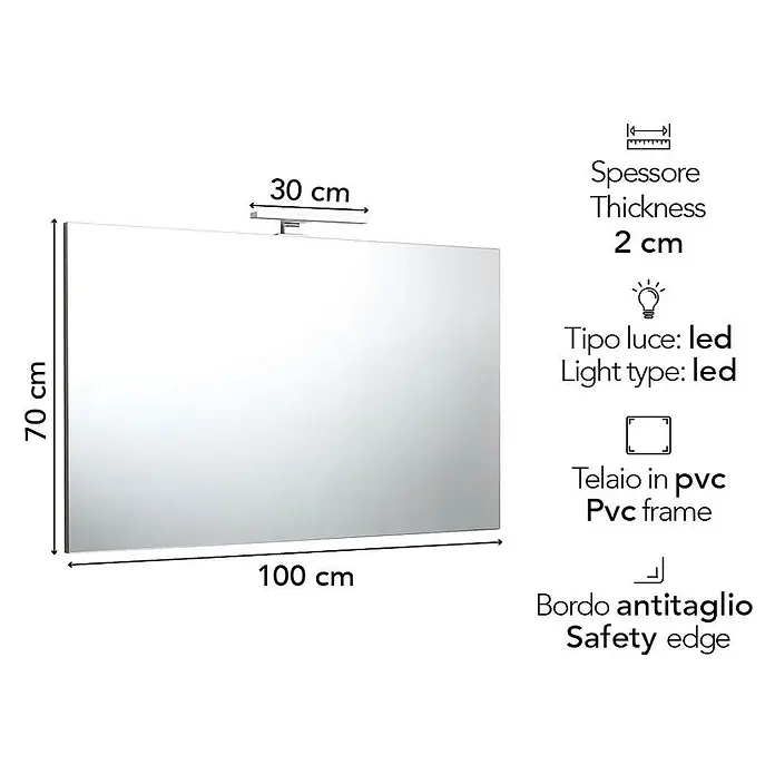 Kiamami Valentina Lichtspiegel - 20 x 700 cm, Farblos - Rechteckiger Spiegel mit LED-Lichtleiste, 100x70 cm, 2 cm dick, PVC-Rahmen, Sicherheitskante. Lichtleiste 30 cm.