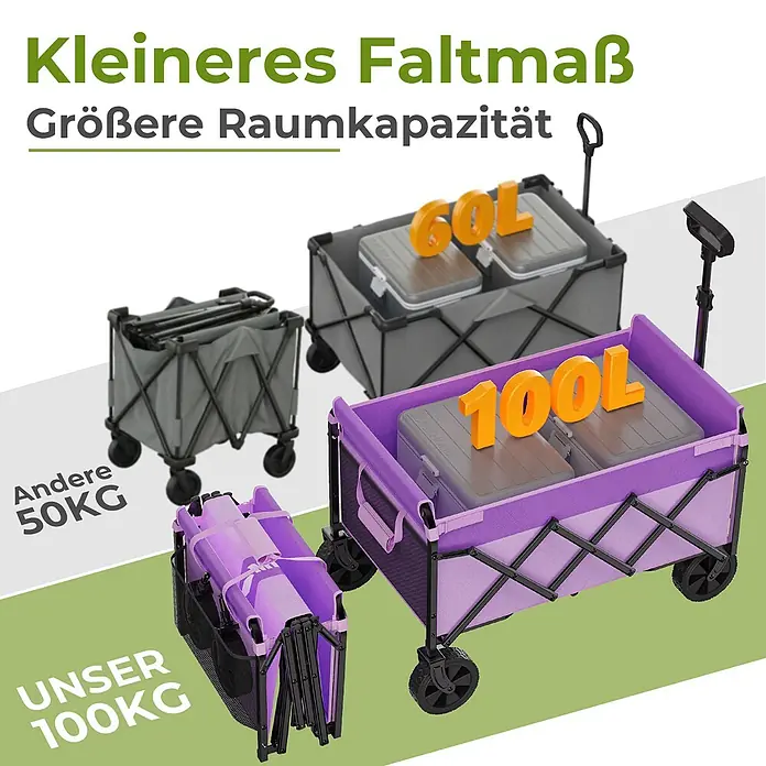 SONNENH Bollerwagen - L x B x H: 74 x 46 x 96,5 cm, Traglast: 100 kg, Stahl - Zwei faltbare Bollerwagen: ein grauer mit 60L Fassungsvermögen und ein violetter mit 100L, gezeigt ausgeklappt und kompakt zusammengefaltet zum Vergleich.