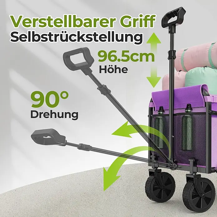 SONNENH Bollerwagen - L x B x H: 74 x 46 x 96,5 cm, Traglast: 100 kg, Stahl - Lila Faltwagen mit verstellbarem, selbstrückstellendem Griff, der sich um 90 Grad dreht und bis zu 96,5 cm ausziehbar ist.