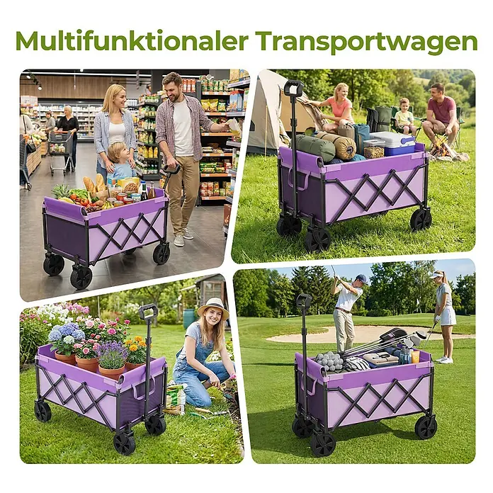 SONNENH Bollerwagen - L x B x H: 74 x 46 x 96,5 cm, Traglast: 100 kg, Stahl - Lila multifunktionaler Klappwagen, verwendet zum Einkaufen, Camping, Gärtnern und Golfen. Mit stabilem Rahmen und Rädern.