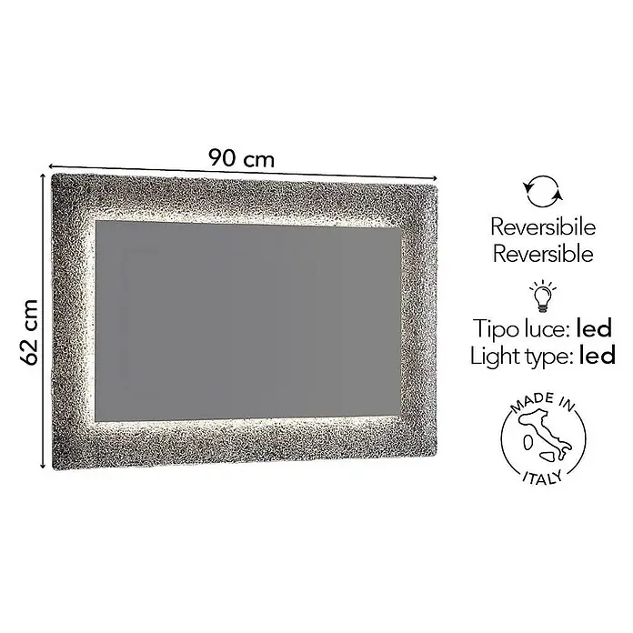 Kiamami Valentina Lichtspiegel - 0,02 x 620 cm, Transparent - Rechteckiger Spiegel mit funkelndem Strukturrahmen, integrierter LED-Beleuchtung und Maßen 90x62 cm. Wendbar.