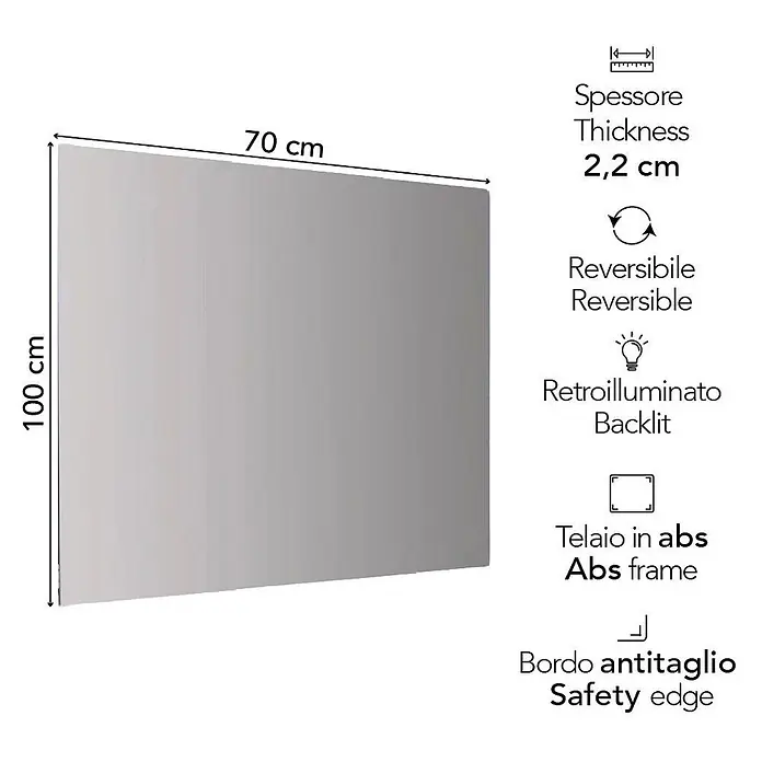 Kiamami Valentina Lichtspiegel - 22 x 700 cm, Farblos - Rechteckiger Spiegel, 100x70 cm, 2,2 cm dick, mit ABS-Rahmen, beleuchtet, wendbar und Sicherheitskante.