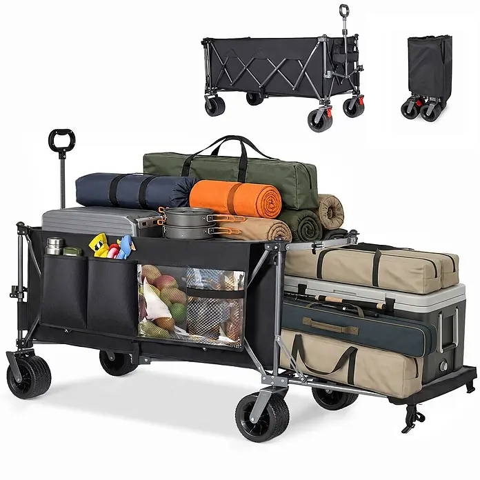 SONNENH Bollerwagen - L x B x H: 131 x 66 x 115,5 cm, Traglast: 250 kg, Stahl - Schwarzer Faltwagen, beladen mit Camping- und Outdoor-Ausrüstung, mit Einsätzen, die die zusammengeklappten Zustände zeigen.
