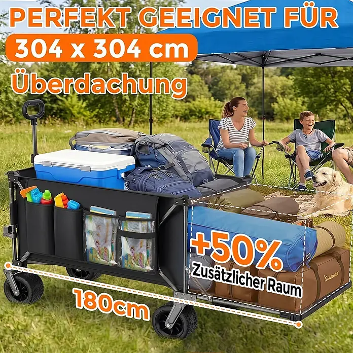SONNENH Bollerwagen - L x B x H: 131 x 66 x 115,5 cm, Traglast: 250 kg, Stahl - Schwarzer faltbarer Transportwagen, 180 cm lang, mit erweiterbarem Stauraum und praktischen Taschen, gefüllt mit Campingausrüstung im Freien.