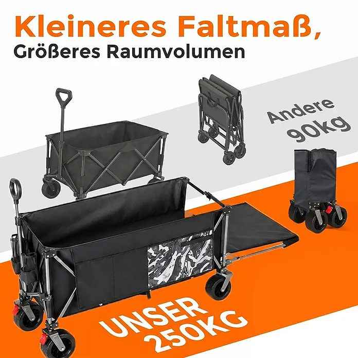 SONNENH Bollerwagen - L x B x H: 131 x 66 x 115,5 cm, Traglast: 250 kg, Stahl - Schwarzer, klappbarer Bollerwagen, offen und kompakt gefaltet gezeigt, der seine 250kg Traglast und kleinere Faltgröße gegenüber Alternativen hervorhebt.