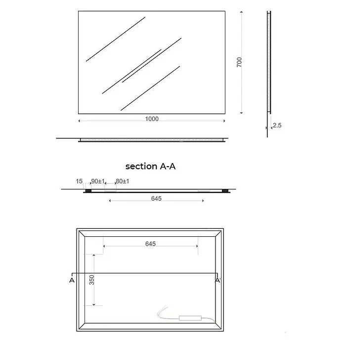 Kiamami Valentina Lichtspiegel - 22 x 700 cm, Farblos - Technische Zeichnung eines rechteckigen LED-Spiegels, 1000x700mm, 2,5mm dick, mit internen Beleuchtungskomponenten und Maßen.