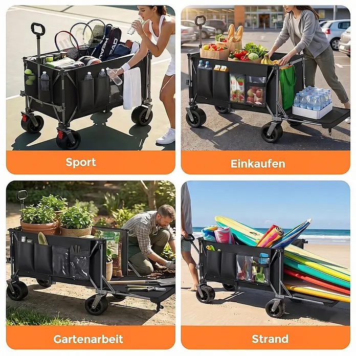 SONNENH Bollerwagen - L x B x H: 131 x 66 x 115,5 cm, Traglast: 250 kg, Stahl - Schwarzer faltbarer Transportwagen, vielseitig einsetzbar für Sport, Einkauf, Gartenarbeit und Strand.