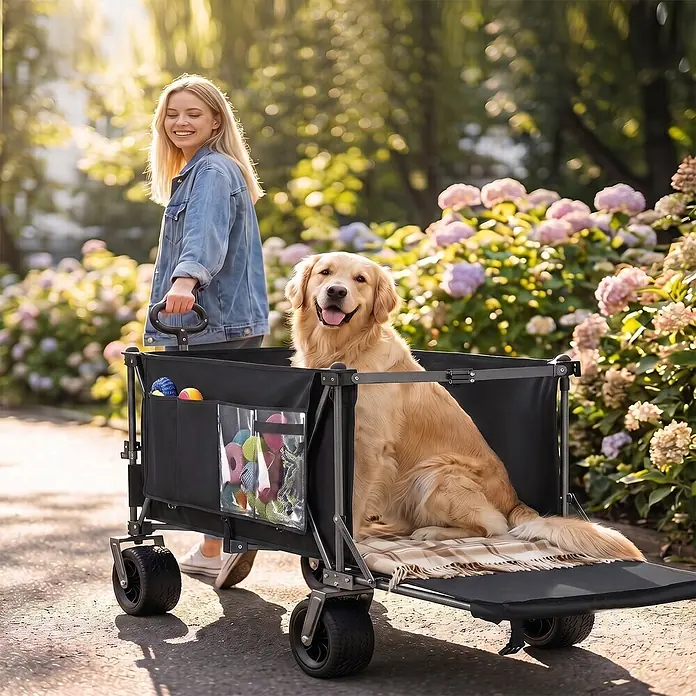 SONNENH Bollerwagen - L x B x H: 131 x 66 x 115,5 cm, Traglast: 250 kg, Stahl - Ein schwarzer, faltbarer Bollerwagen mit einem Golden Retriever Hund darin, der von einer Frau im Freien gezogen wird. Der Wagen hat Seitentaschen mit Spielzeug.