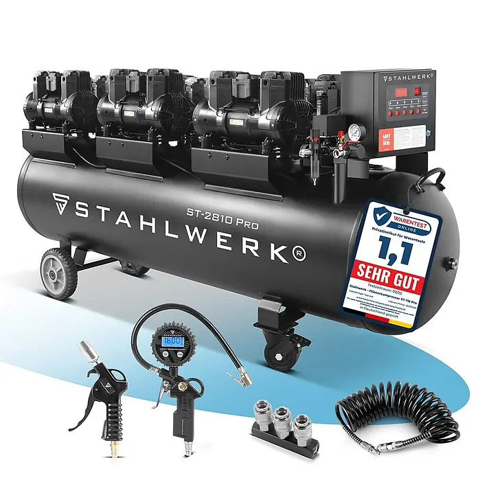 STAHLWERK Kompressor ST-2810 Pro Vollausstattung - Max. Druck: 10 bar - Schwarzer Stahlwerk ST-2810 Pro Kompressor mit Motoren, Bedienfeld und Zubehör: Ausblaspistole, Digitalmanometer, Schnellkupplungen, Spiralschlauch.