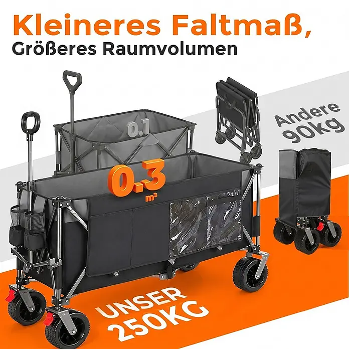 SONNENH Bollerwagen - L x B x H: 130 x 65,5 x 116,8 cm, Traglast: 250 kg, Stahl - Großer schwarz-grauer Faltwagen mit 0.3m³ Volumen und 250kg Tragkraft, kompakt zusammengeklappt und im Vergleich zu kleinerem Wagen.