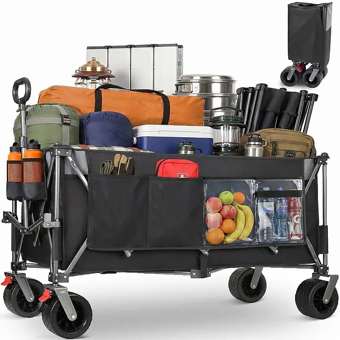 SONNENH Bollerwagen - L x B x H: 130 x 65,5 x 116,8 cm, Traglast: 250 kg, Stahl - Schwarzer faltbarer Bollerwagen, beladen mit Camping- und Outdoor-Ausrüstung, Flaschen und Proviant.