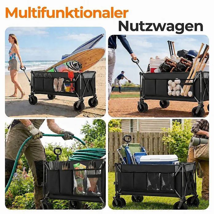SONNENH Bollerwagen - L x B x H: 130 x 65,5 x 116,8 cm, Traglast: 250 kg, Stahl - Schwarzer multifunktionaler Nutzanhänger mit Seitentaschen, gezeigt in verschiedenen Außenbereichen wie Strand, Sport und Garten.