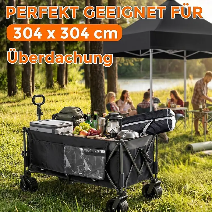 SONNENH Bollerwagen - L x B x H: 130 x 65,5 x 116,8 cm, Traglast: 250 kg, Stahl - Schwarze 304x304 cm Überdachung spendet Schatten für eine Picknickrunde.