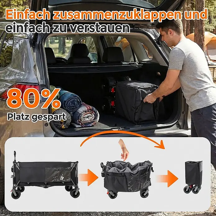 SONNENH Bollerwagen - L x B x H: 130 x 65,5 x 116,8 cm, Traglast: 250 kg, Stahl - Schwarzer faltbarer Bollerwagen wird kompakt im Kofferraum verstaut, seine einfache Faltbarkeit und platzsparende Größe betonend.