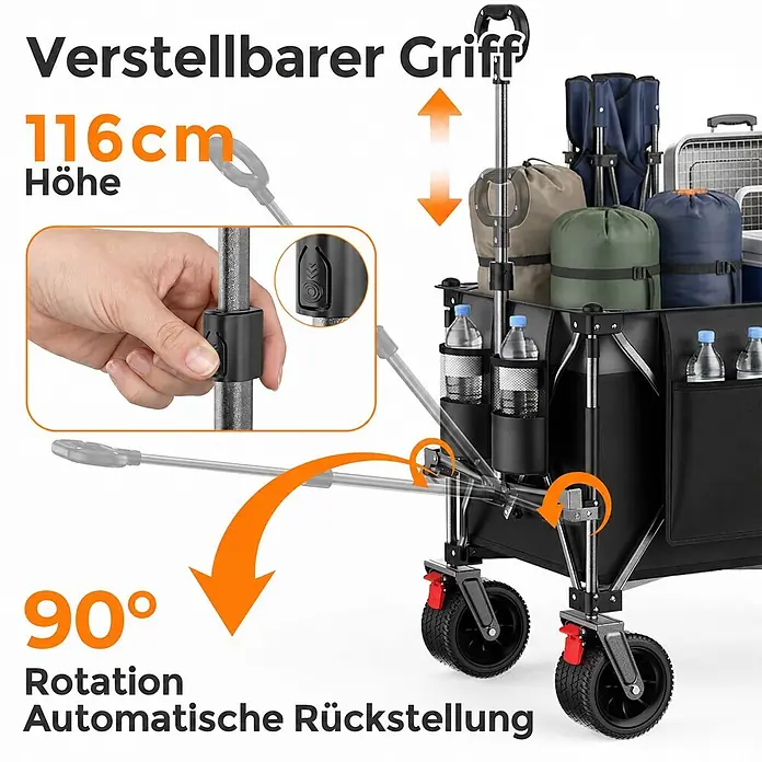 SONNENH Bollerwagen - L x B x H: 130 x 65,5 x 116,8 cm, Traglast: 250 kg, Stahl - Schwarzer Faltwagen mit verstellbarem Griff (116cm Höhe) und 90° Auto-Reset-Rotation, mit Ablagefächern.