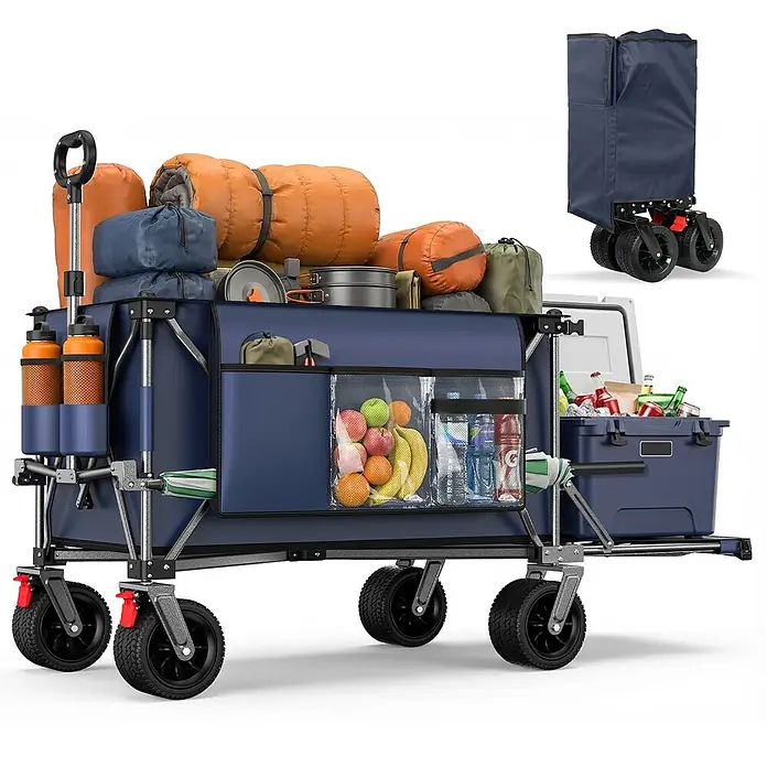 SONNENH Bollerwagen - L x B x H: 92,8 x 58 x 110 cm, Traglast: 220 kg, Stahl - Blauer klappbarer Bollerwagen, beladen mit Campingausrüstung, Lebensmitteln und Getränken, mit gefalteter Ansicht.